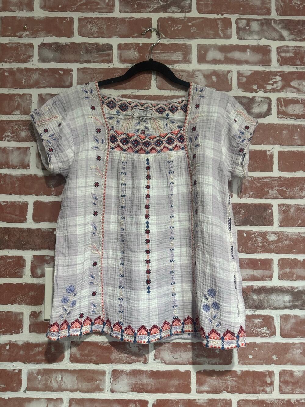 Johnny Was Embroidered Plaid Gauze Blouse Top Size S Boho